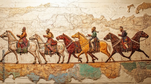 Four warriors on horseback traveling across ancient map landscape