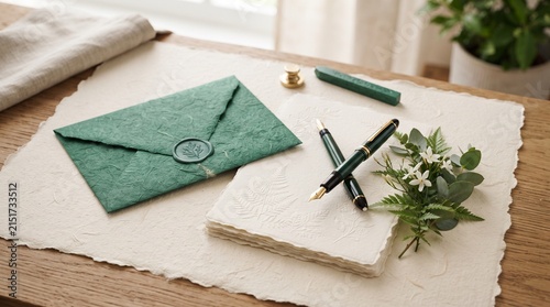Flat Lay Vintage Stationery Wedding Invitation Wax Seal Envelope with Green Foliage on Rustic Wooden Table