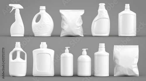 Premium 3D vector mockup collection board, cleaning product packaging, spray bottles, detergent containers, refill pouches, isolated objects