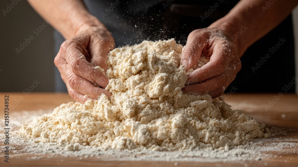 Obraz premium Artisan hands knead elastic dough on a wooden table with flour dust in the air. This photorealistic baking scene showcases traditional homemade craftsmanship.