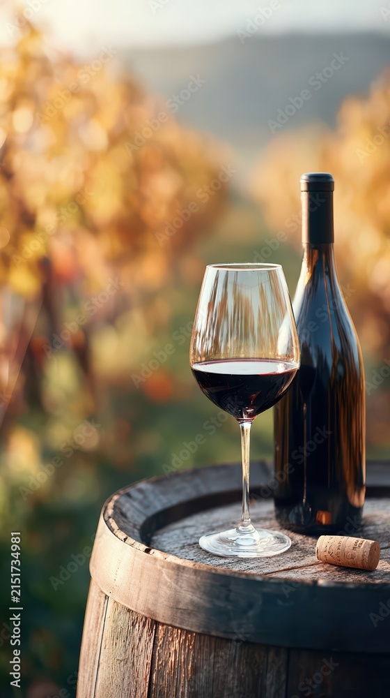 Fototapeta premium A glass of red wine, bottle, and cork rest on a rustic barrel in a sunlit vineyard. Golden autumn foliage creates a warm, inviting atmosphere perfect for wine tasting.