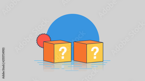 Cubes displaying question marks stand before a large blue circle and red star burst to illustrate mystery deals or surprise shopping offers.