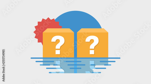 Cubes featuring question mark symbols are set against a circular backdrop to illustrate an element of surprise or mystery in retail.