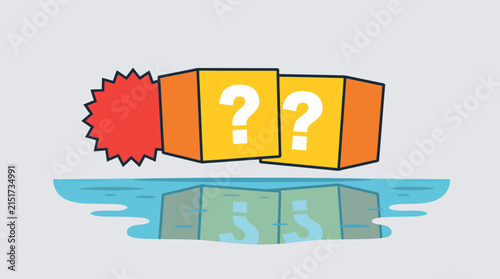 Question mark cubes float above a reflective surface indicating a pair of mysterious possibilities for a commercial project design.