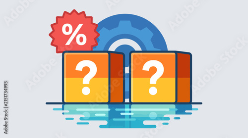 Gear icon and mystery cubes with question marks illustrate a technical approach to surprise product pricing strategy.