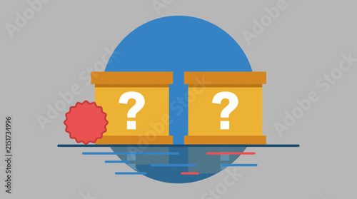 Question mark boxes sit on a flat surface representing a choice between two unknown mystery options in a business strategy concept.