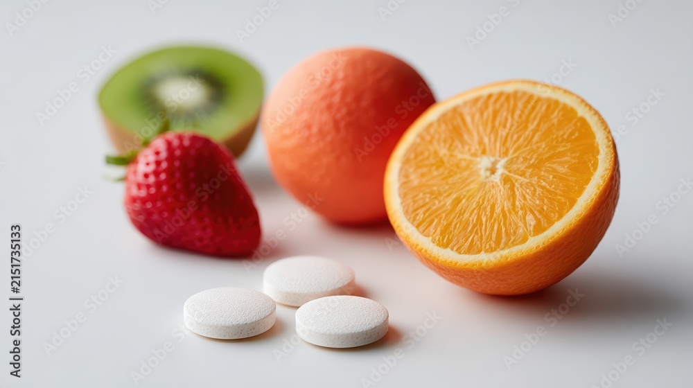Fototapeta premium Vibrant macro shot of supplements and fresh fruits such as orange, kiwi, and strawberry. Bright colors and crisp focus highlight a healthy lifestyle concept.