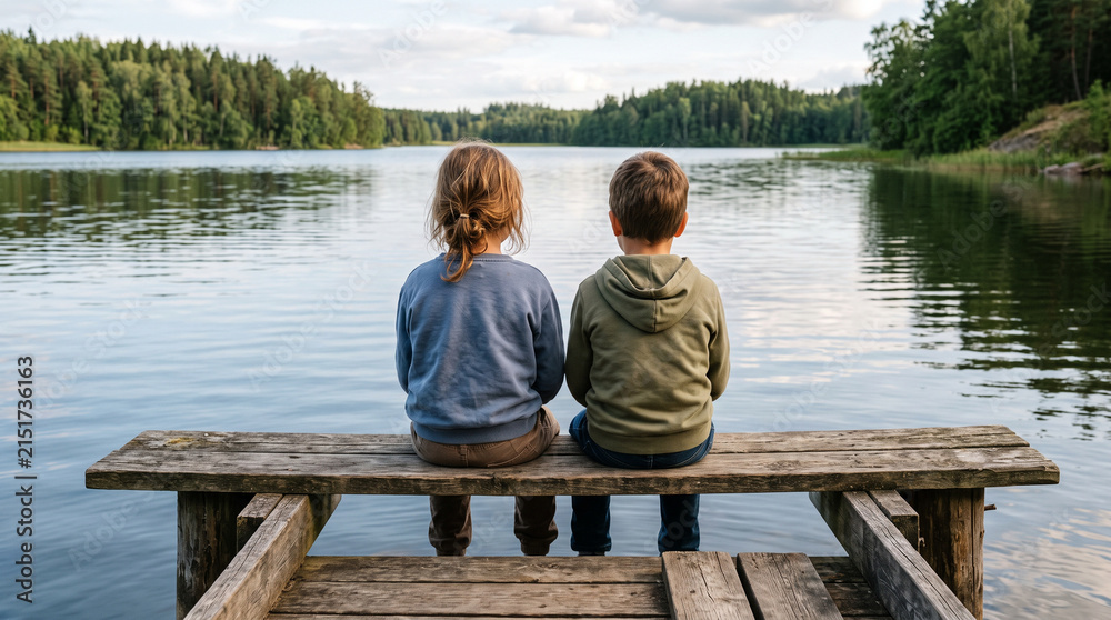 Fototapeta premium Two children seen from behind sitting close together on a wooden dock at a calm lake