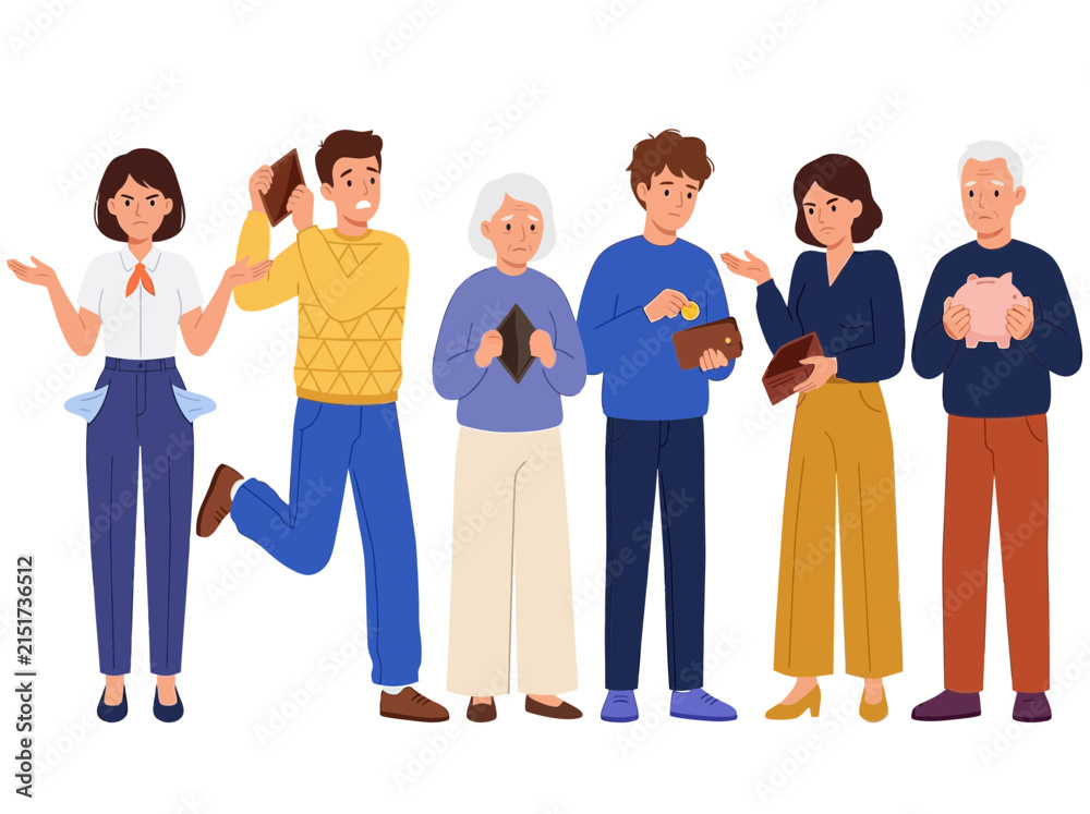 Obraz premium Diverse People Facing Financial Crisis and Poverty Flat Vector Illustration