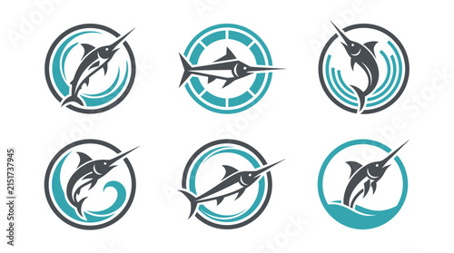 Marlin fish logo vector icons collection showing aggressive swordfish jumping out of ocean water.