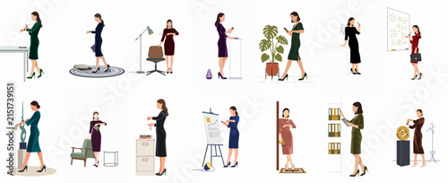 Comprehensive Set of Vector Illustrations Representing Businesswomen in Diverse Professional Office Activities and Roles, Set Against a Plain White Background.