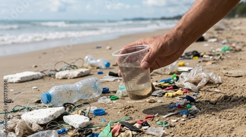 Hand holding plastic bottle amidst beach pollution and marine debris.
