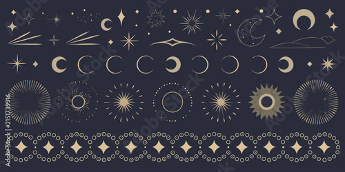 Celestial line art set with stars moons and sunbursts on a dark background