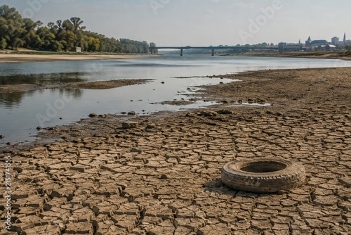 Drought-stricken river with extremely low water levels, cracked dry riverbed, and stranded buoy beneath a bridge, illustrating drought, water scarcity, climate change, and environmental crisis.
