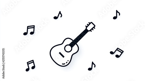 Minimalist acoustic guitar icon illustration with floating musical notes graphic design element