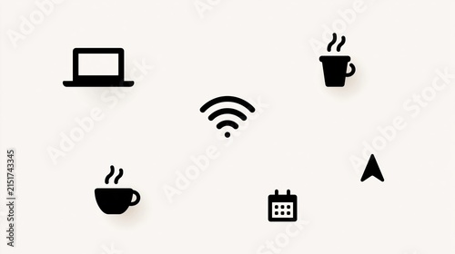 Minimalist digital lifestyle icons set featuring laptop wifi coffee calendar and cursor symbols for business productivity concepts