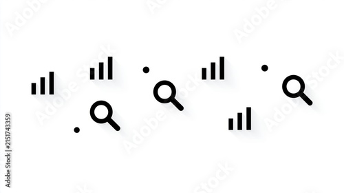 Minimalist black search icons and bar graphs for data visualization design concepts and digital analytics presentations