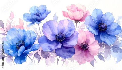 Composición floral en acuarela con flores azules, rosas y violetas sobre fondo blanco