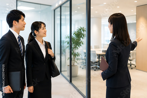 Fototapeta 会議室を案内する女性社員とオフィス見学をする若いスーツ姿の男女