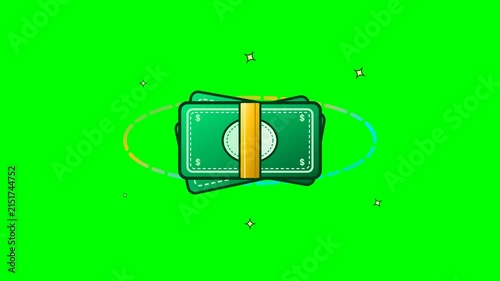 Animated stack of green cash banknotes and golden coins rotating in orbital motion on green screen background for business and banking projects