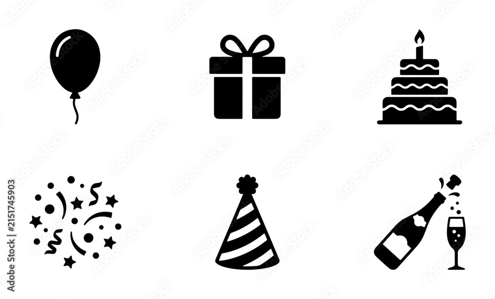 Naklejka premium Birthday Party Icons: Balloon, Gift Box, Cake, Confetti, Hat, Champagne Celebration Vector Set