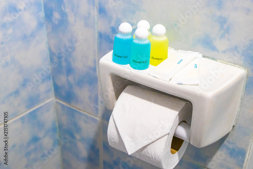 Basic Toilet Roll Holder Mounted Beside Toilet In Thai Hotel Bathroom Thailand.