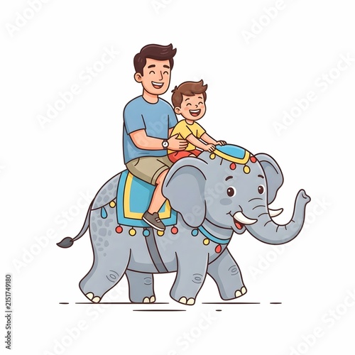 Smiling father and son riding a decorated elephant walking