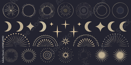 Celestial line art set features phases of the moon and starbursts