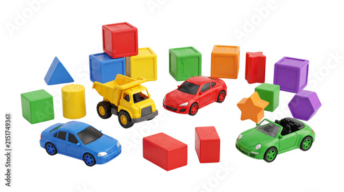 Colorful toy blocks and cars for children's playtime and education.