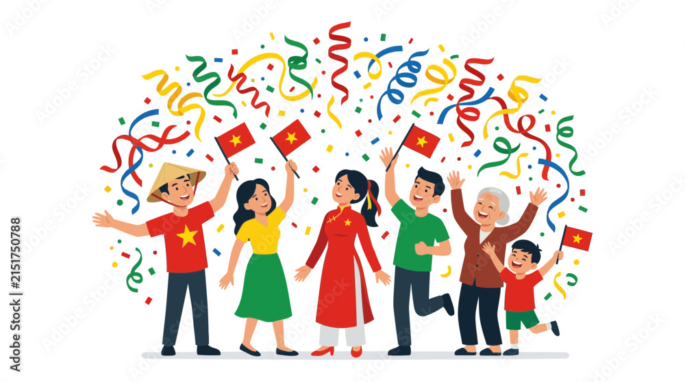 Fototapeta premium Group of Happy Vietnamese People Celebrating with Flags