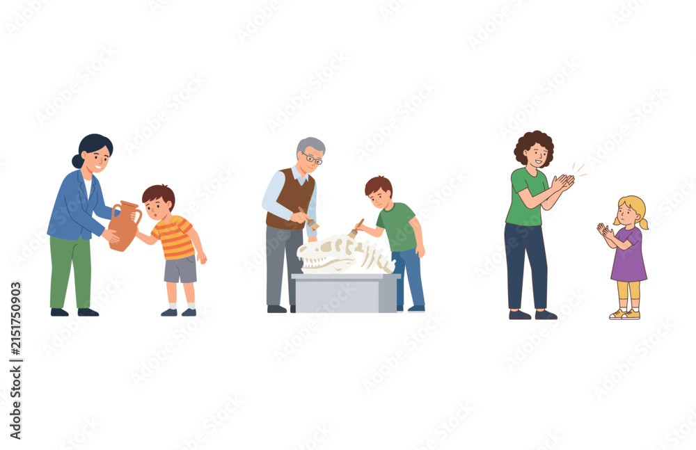 Obraz premium Vector illustration of children learning and playing with adults in various educational activities