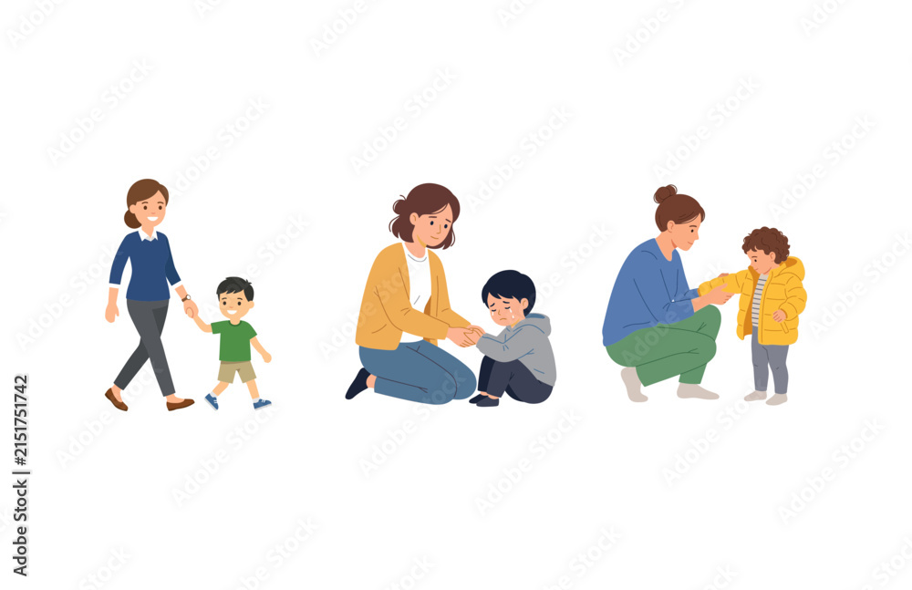 Obraz premium Diverse Illustrations of Mothers Caring for and Interacting with Young Children in Daily Life
