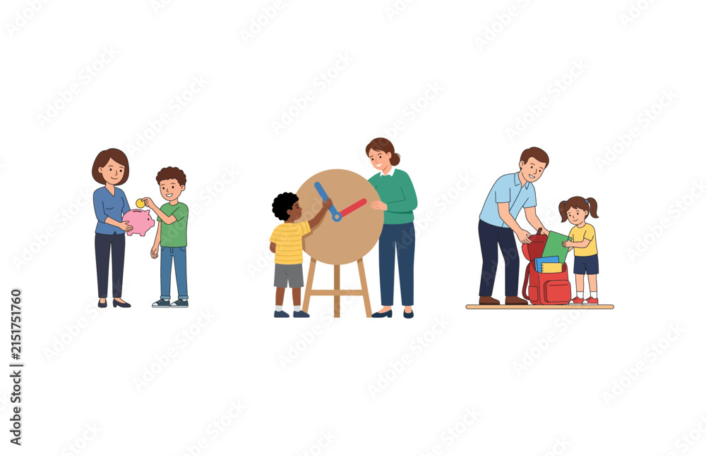 Obraz premium Parents Teaching Children Daily Life Skills and Responsibility Through Educational Activities