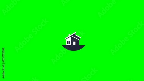 Stylized house icon on a dark semi-circle against a vibrant green screen background.