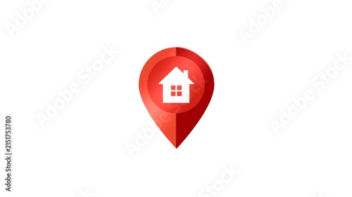 Red map pin icon with a white house symbol, representing home location or real estate.