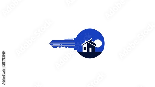 A blue key with a house and a moon icon in its circular head, symbolizing real estate or home security, on a clean white background.