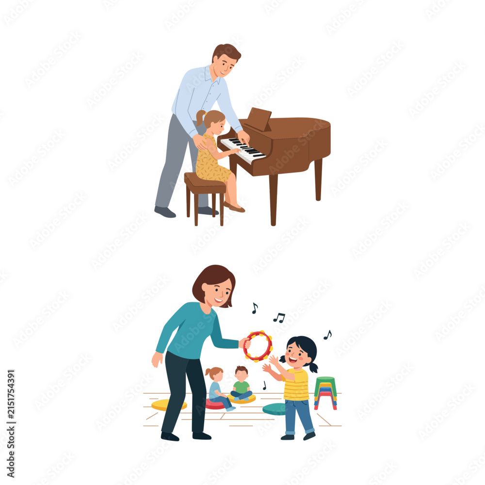 Obraz premium Children Learning Music with Teachers in Piano and Tambourine Classes