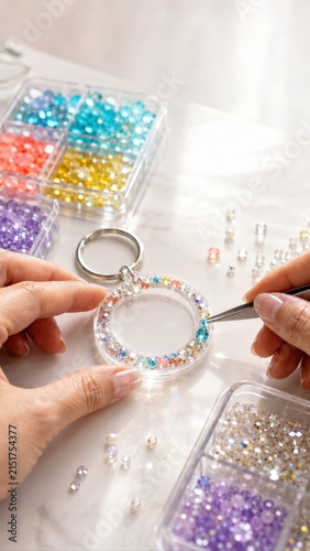 Hands Decorating Clear Round Keychain With Pastel Rhinestones