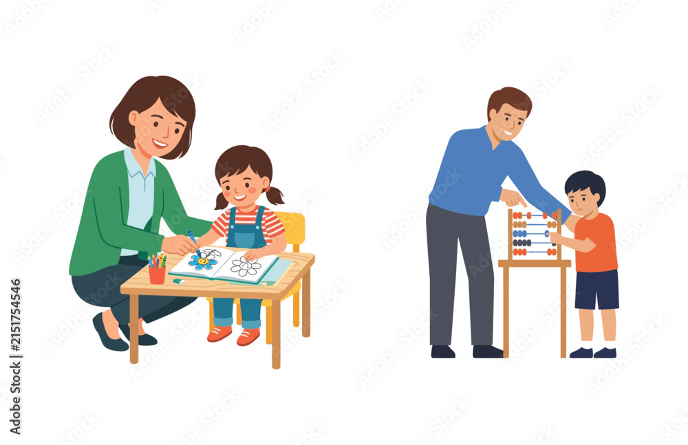 Obraz premium Teachers Assisting Children With Creative Drawing and Educational Math Activities