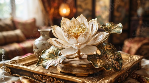 Opulent Golden Lotus Flower Decoration on Ornate Tray