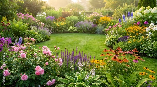 Beautiful lush green garden landscape with colorful blooming flowers and sunny lawn