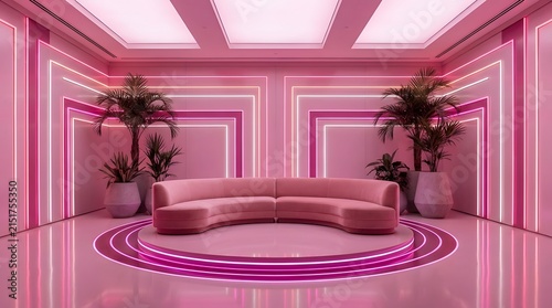 Modern pink living room interior with curved sofa and glowing neon light backdrop