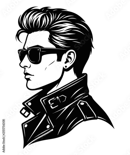 Quadro su tela Black and white vector illustration of a stylish man with a pompadour hairstyle