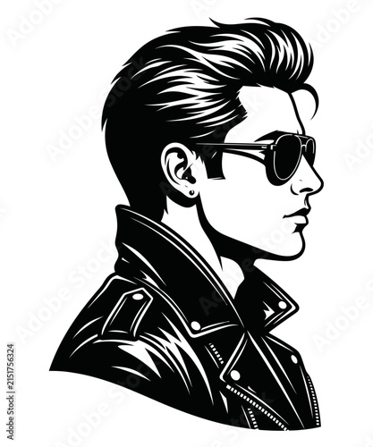 Фотография Black and white vector illustration of a cool man in a leather jacket and sungla