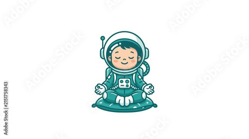 Astronaut boy meditating in lotus pose.