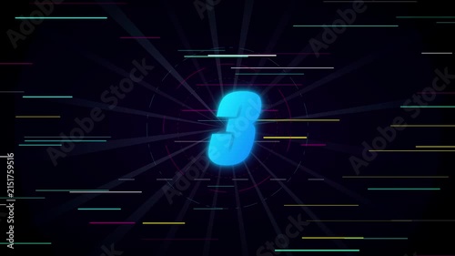 Retro neon 3-2-1 countdown with digital glitch effects