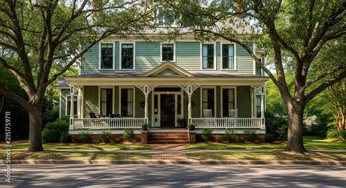 Charming green house with a porch framed by mature trees