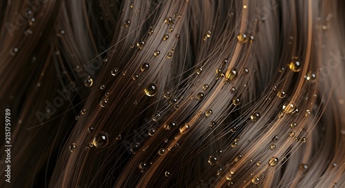 Close up of healthy shiny brown hair with golden oil drops