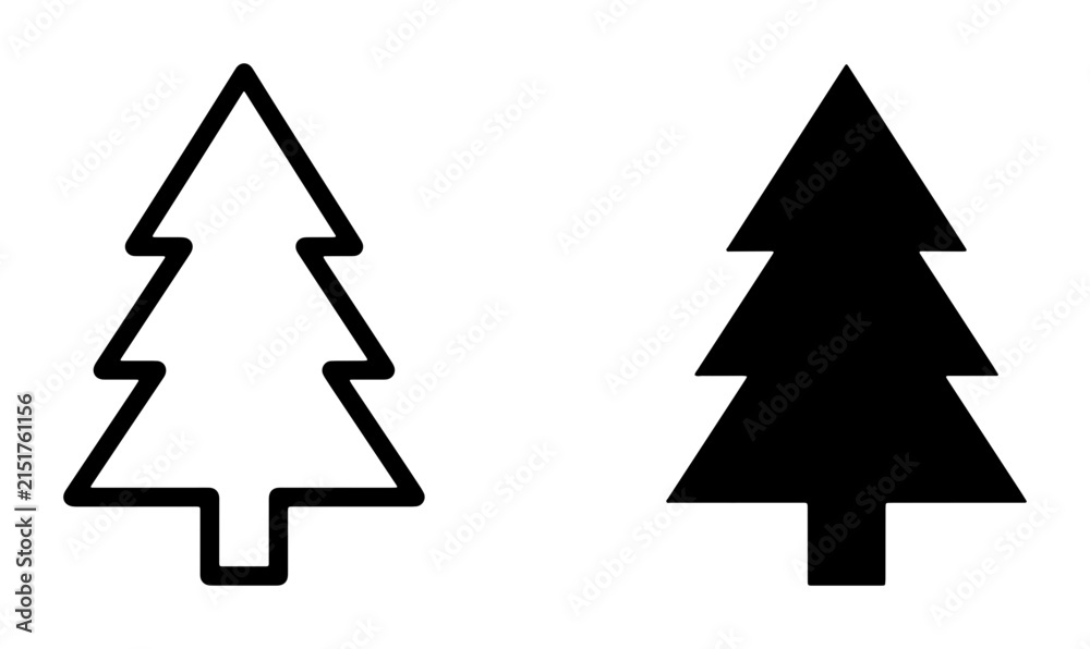Obraz premium Simple Christmas Tree Icons, Outline and Silhouette Vector Graphics, Evergreen Fir Tree Symbols for Winter Holiday Design and Festive Decoration