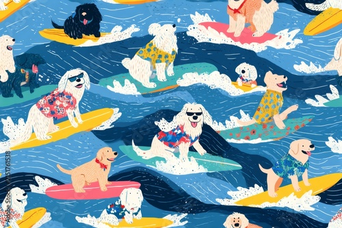A vibrant pattern of playful dogs surfing on colorful boards against a dynamic ocean backdrop perfect for summer designs and pet lovers. Generative AI
